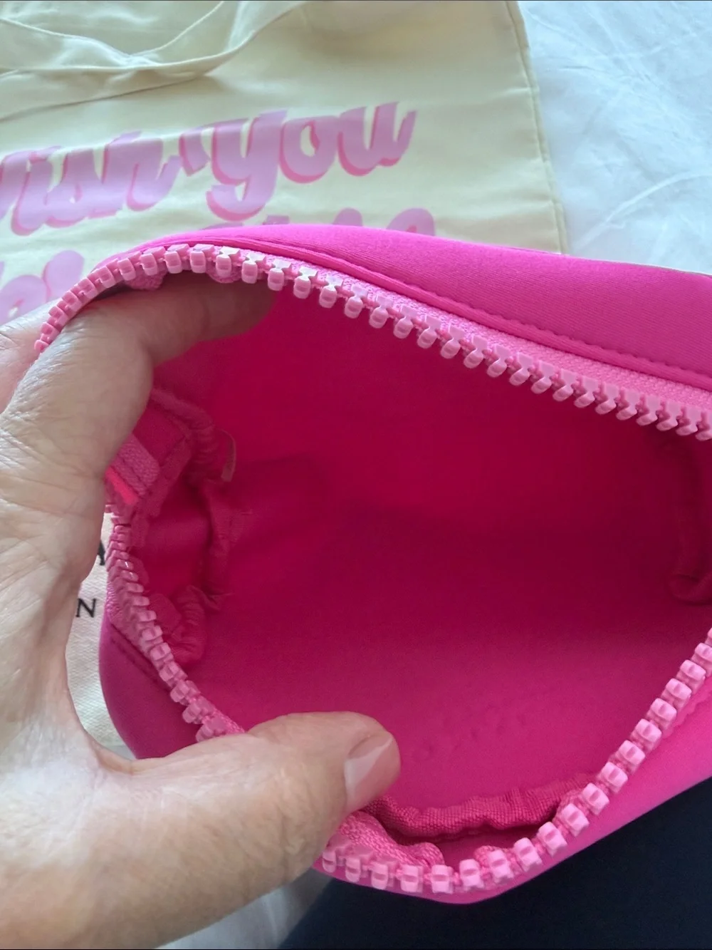 Jo Malone cream canvas tote with pink print and hot pink pouch